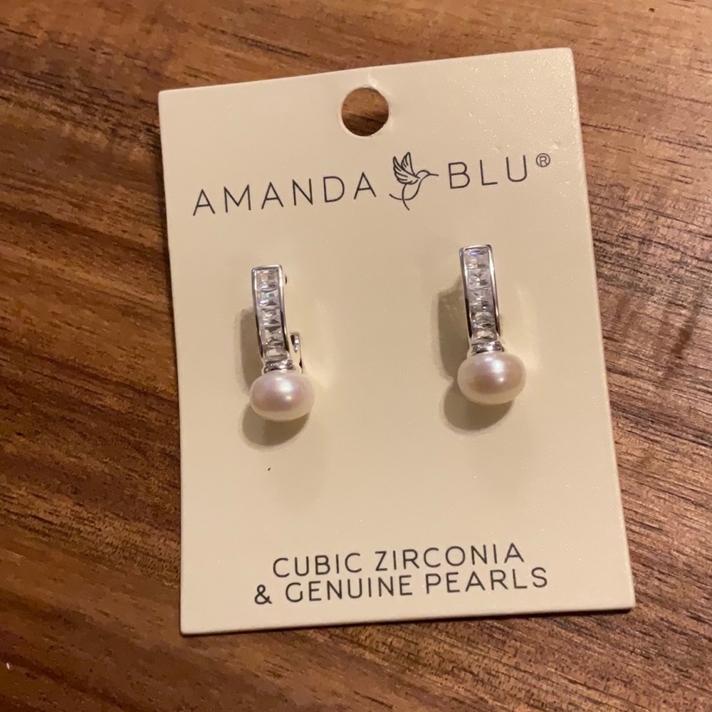 Cubic zirconia and real pearl huggie earrings